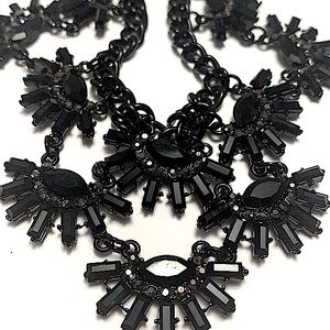 Stunning Statement Necklace With Faceted Black Glass Stones & Grey Crystals NEW